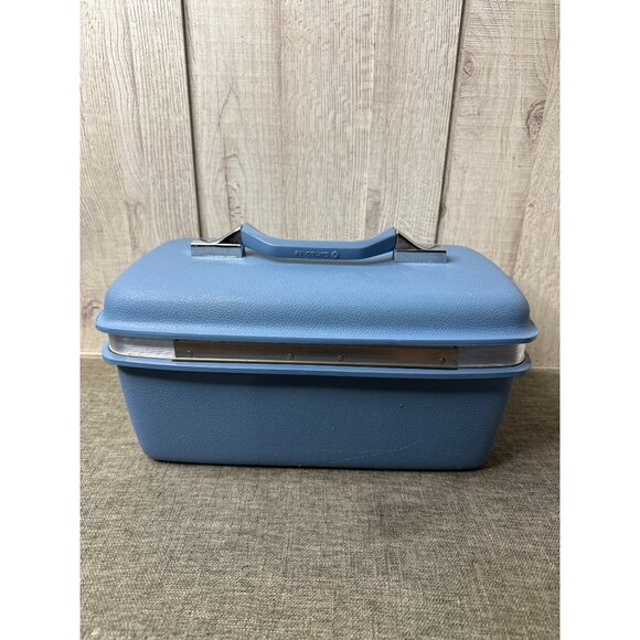 Vintage Samsonite Blue Makeup Train Case With Mirror and Tray Cosmetic Suitcase - Picture 3 of 15
